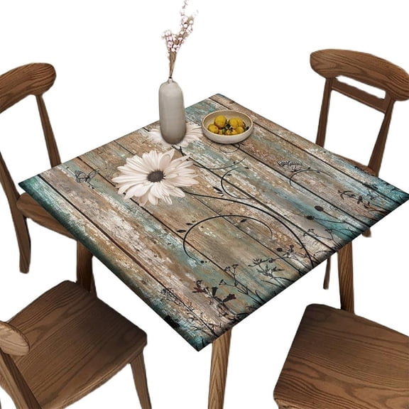 Fitted Tablecloth for Card Table, Wood and Flower Pattern Printed on Stain Resistant Polyester Table Cover, for Picnic Camping and Kitchen Dining Party, Fit for 32" x 32" Square Table