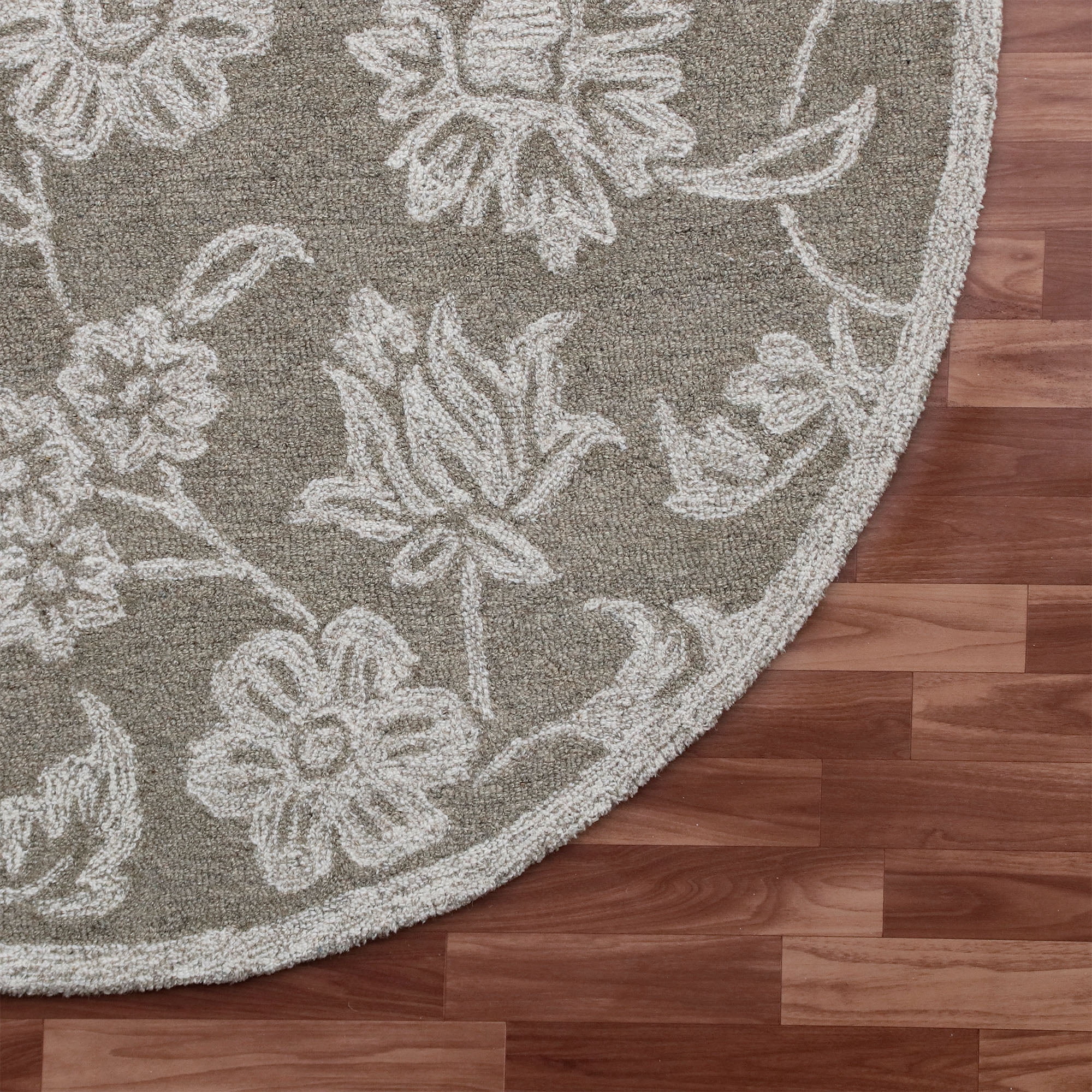 LR Home Clio 3' Round Gray/Ivory Floral Handmade Wool Indoor Area Rug