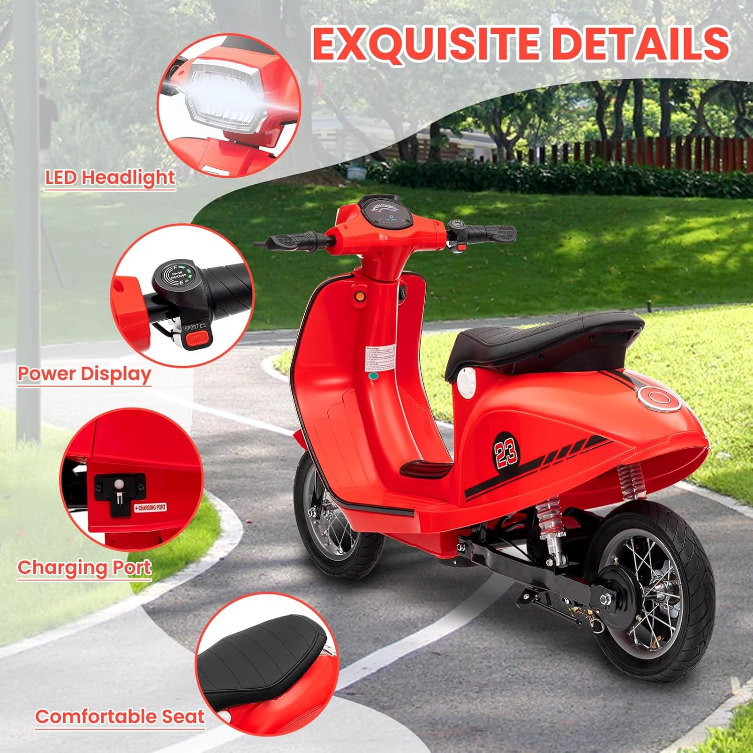 Trilenars 24V 350W Electric Moped Scooter for Kids, Kids Ride on Motorcycle, Max Up to 14MPH, with Rear Brake, Twist Grip Throttle & LED Light, Electric Motorbike for Teens 8-12,Red