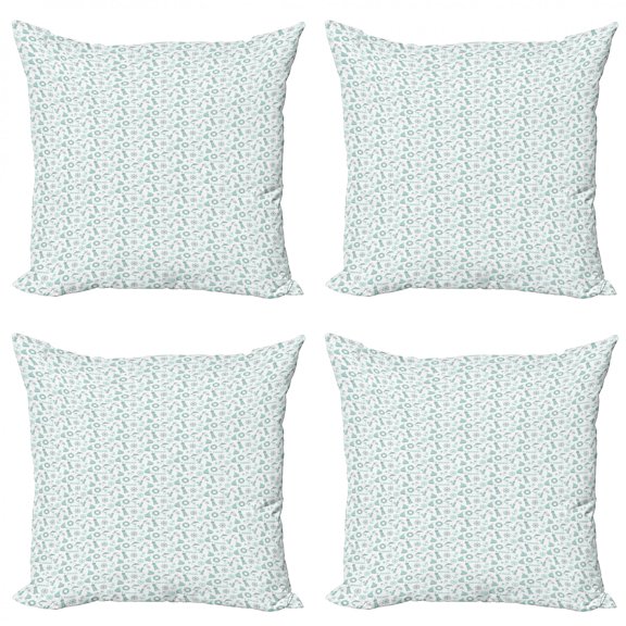 Marine Throw Pillow Cushion Case Pack of 4, Pastel Themed Nautical Layout with a Boat Dolphin Wheel Buoy Sea Items, Modern Accent Double-Sided Print, 4 Sizes, Pale Seafoam and White, by Ambesonne