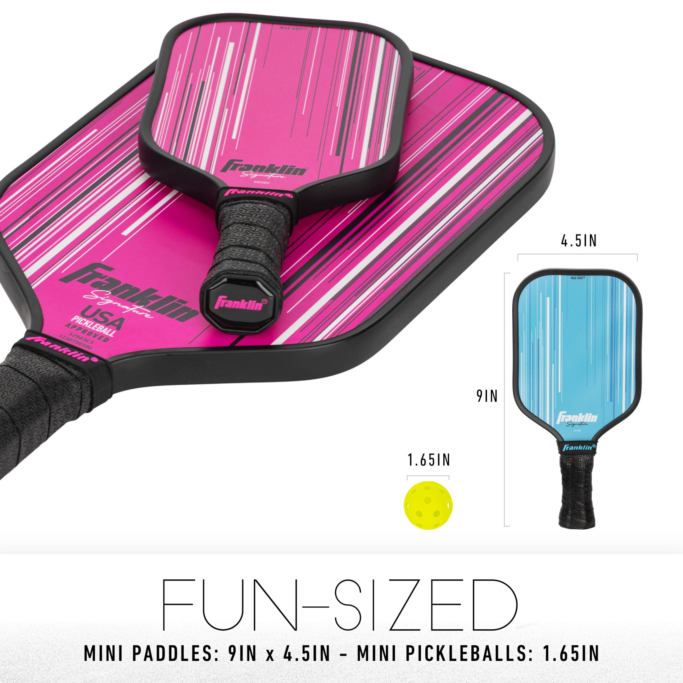 Franklin Sports Mini Pickleball Game Set - Tabletop Pickleball Paddle + Ball Indoor Game for Adults + Kids - Includes (2) 9" Inch Paddles + (2) 1.65" Inch Mini Pickleballs - Blue + Pink