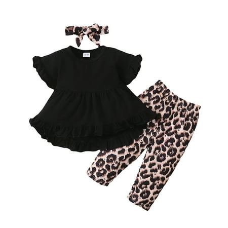 

Kucnuzki 3T Baby Girl Summer Outfits Pants Sets 4T Short Sleevle Solid Color Ruffled Layer Tops Elastic Leopards Prints Cozy Pants Headband 3PCS Set Black