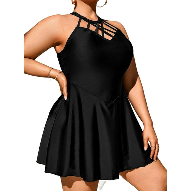 Elegant Solid High Neck Black Plus Size Tankinis (Women's Plus