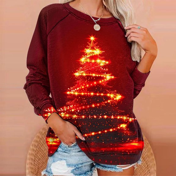 Hueook Christmas Shirts for Womens T Shirts Womens' Christmas Santa Claus Printed Shoulder Length Long Sleeved Round Neck Top/shirt Multicolor 5X