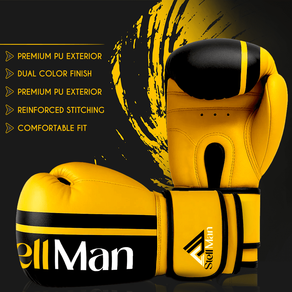 StellMan Boxing Gloves for Training Sparring and Kickboxing – Yellow and Black PU Leather Gloves for Men and Women with Wrist Support and Foam Protection – Dual Color Design