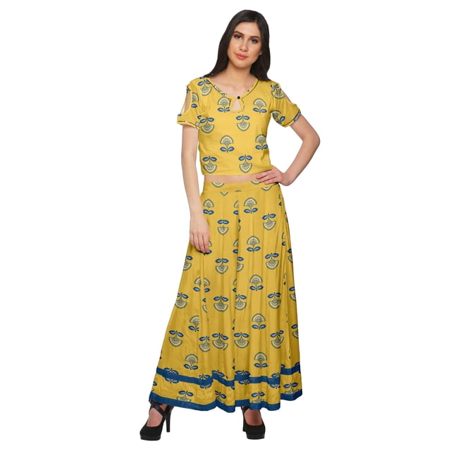 Moomaya Ensemble Palazzo Ample et Crop Top Robe Ethnique Imprimée Santon pour Femmes