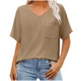 thumbnail image 3 of Women's Textured V Neck Short Sleeve T Shirt Tee Top Loose Relaxed Fit Breathable Lightweight Summer Casual Vacation Fashion | CSEONE,Khaki XL, 3 of 8
