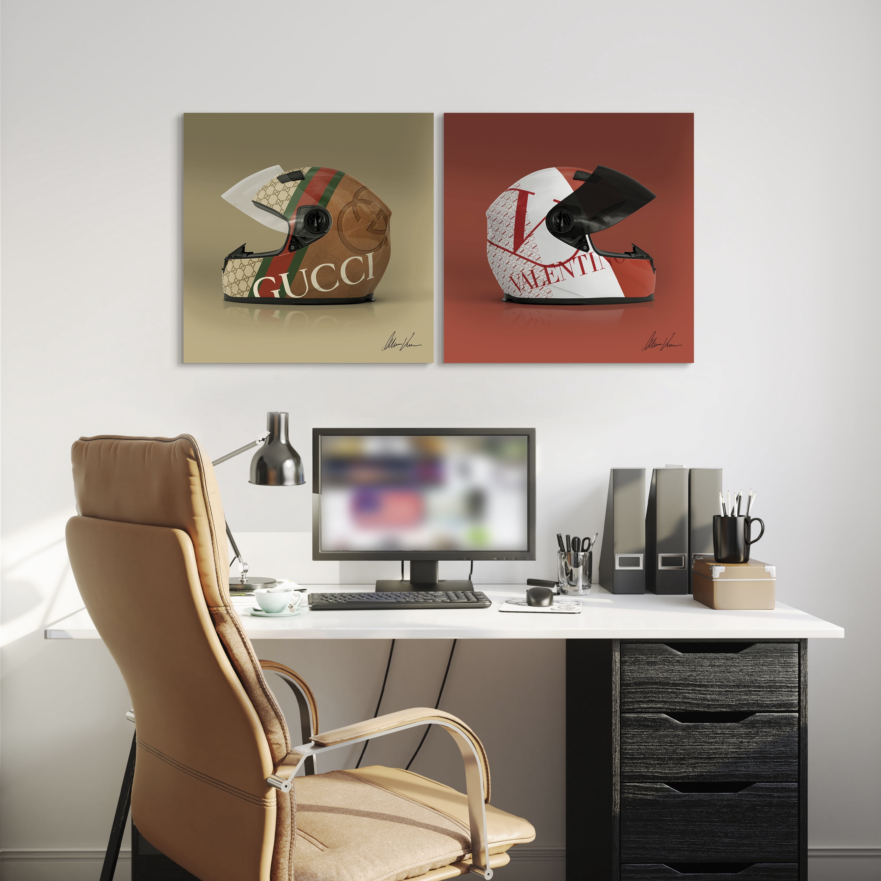 Haute Helmet Frameless Free Floating Tempered Glass Panel Graphic Wall Art , 18" x 24" each