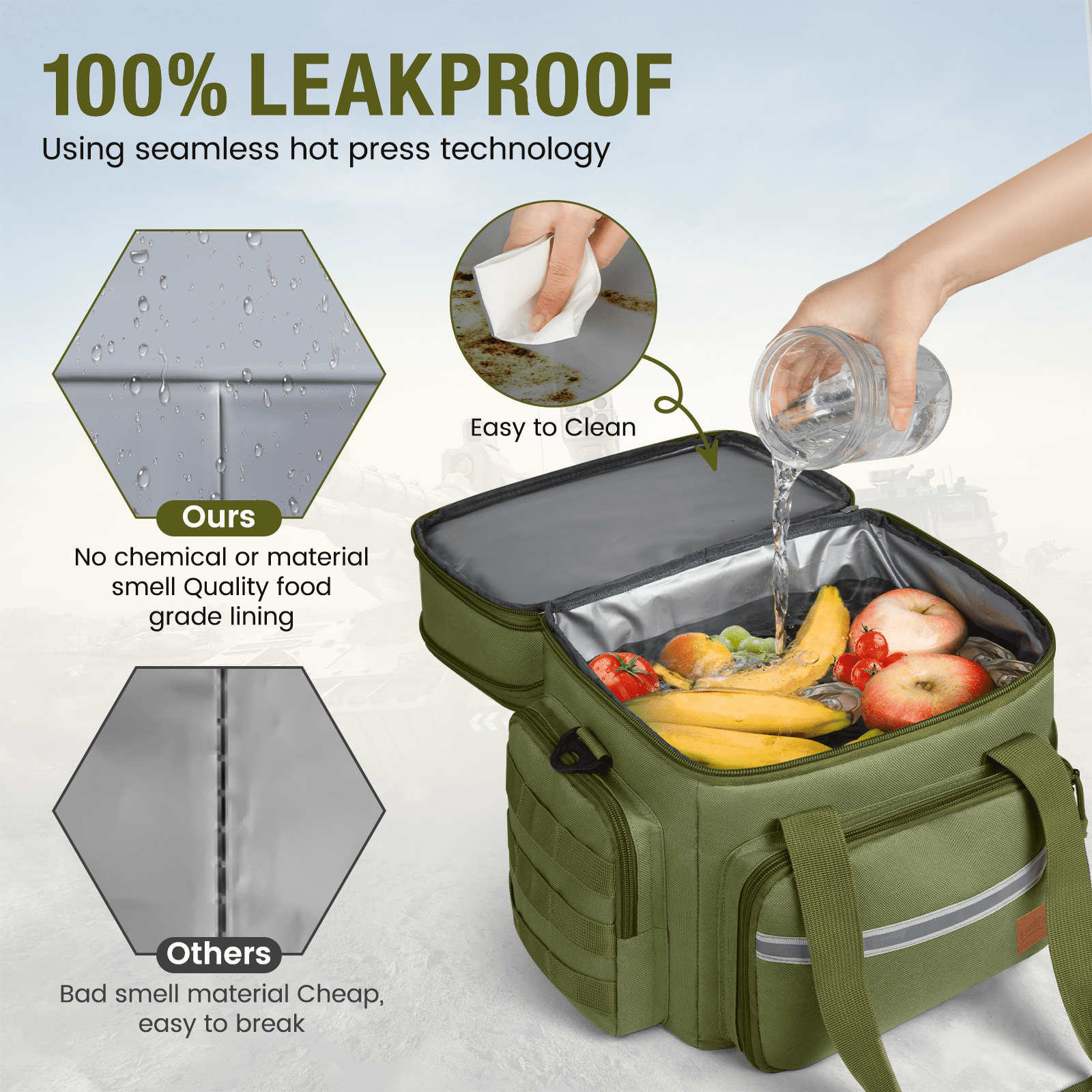 Expandable Insulated Lunch Bag w/Leakproof Design - 24 Can Capacity, Double Deck Cooler Box with Adjustable Shoulder Strap & Side Pockets for Men & Women - Durable for Work, Travel, Outdoor, Green