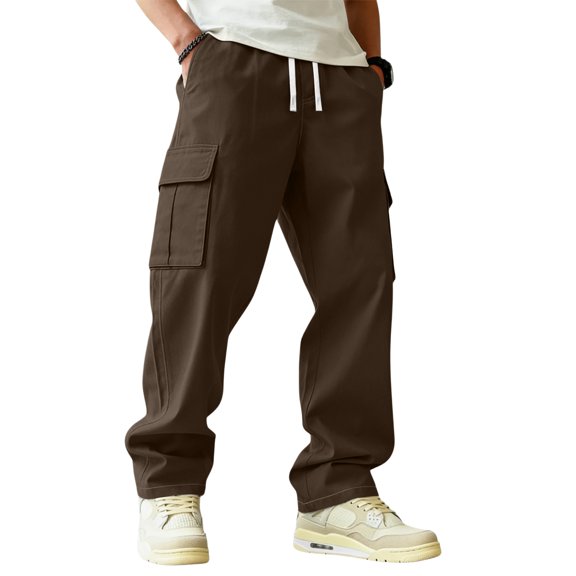 ADSSDQ Mens Casual Baggy Cargo Pants Stretch Sweatpants Loose Fit Drawstring Hiking Workout Joggers with Multi Pockets Coffee L