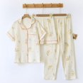 thumbnail image 4 of Wang6 Women's Cotton Pajamas Sets 3 Pieces Soft Long Sleeve Button Shirts Elastic Waist Shorts Wide Leg Pants Loose Fit Floral Printed Sleepwear Loungewear Pjs Sets Beige1 XL, 4 of 7
