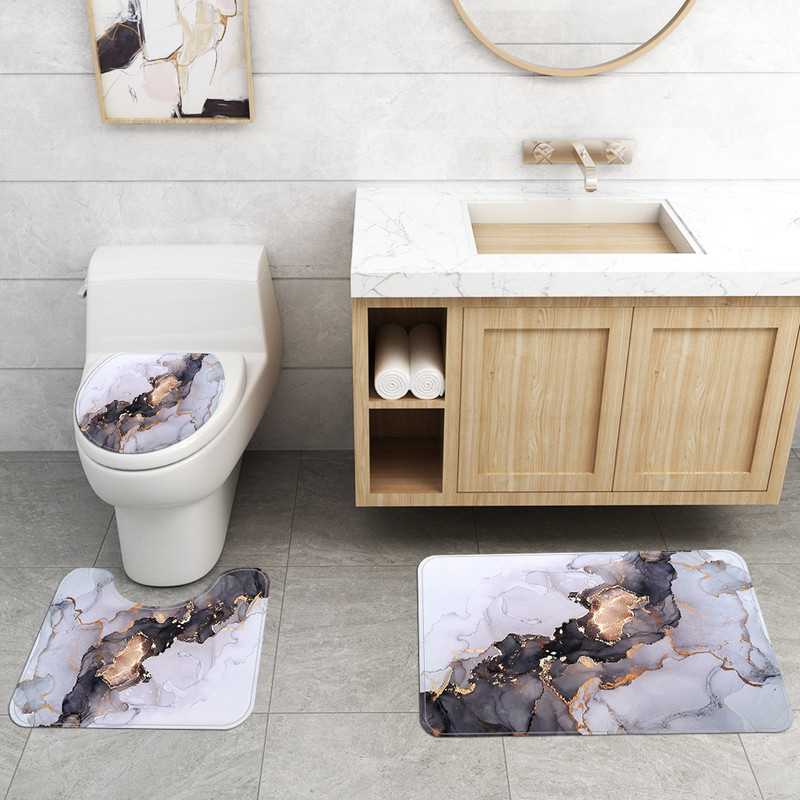 Bath Rugs Set 3Pcs Non-Slip Absorbent Soft Gray Marbling Bathroom Mats Machine Washable