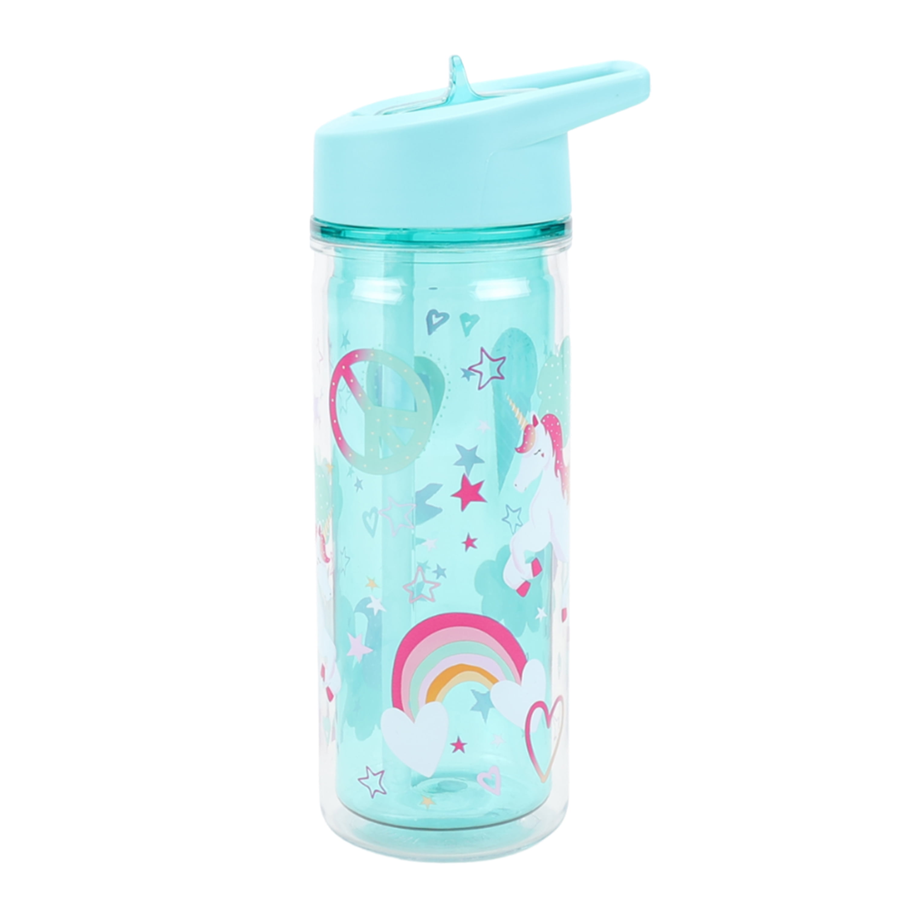 (2 pack) Your Zone 14 oz Unicorn Double Wall Insulated Plastic Water Bottle with Lid and Straw