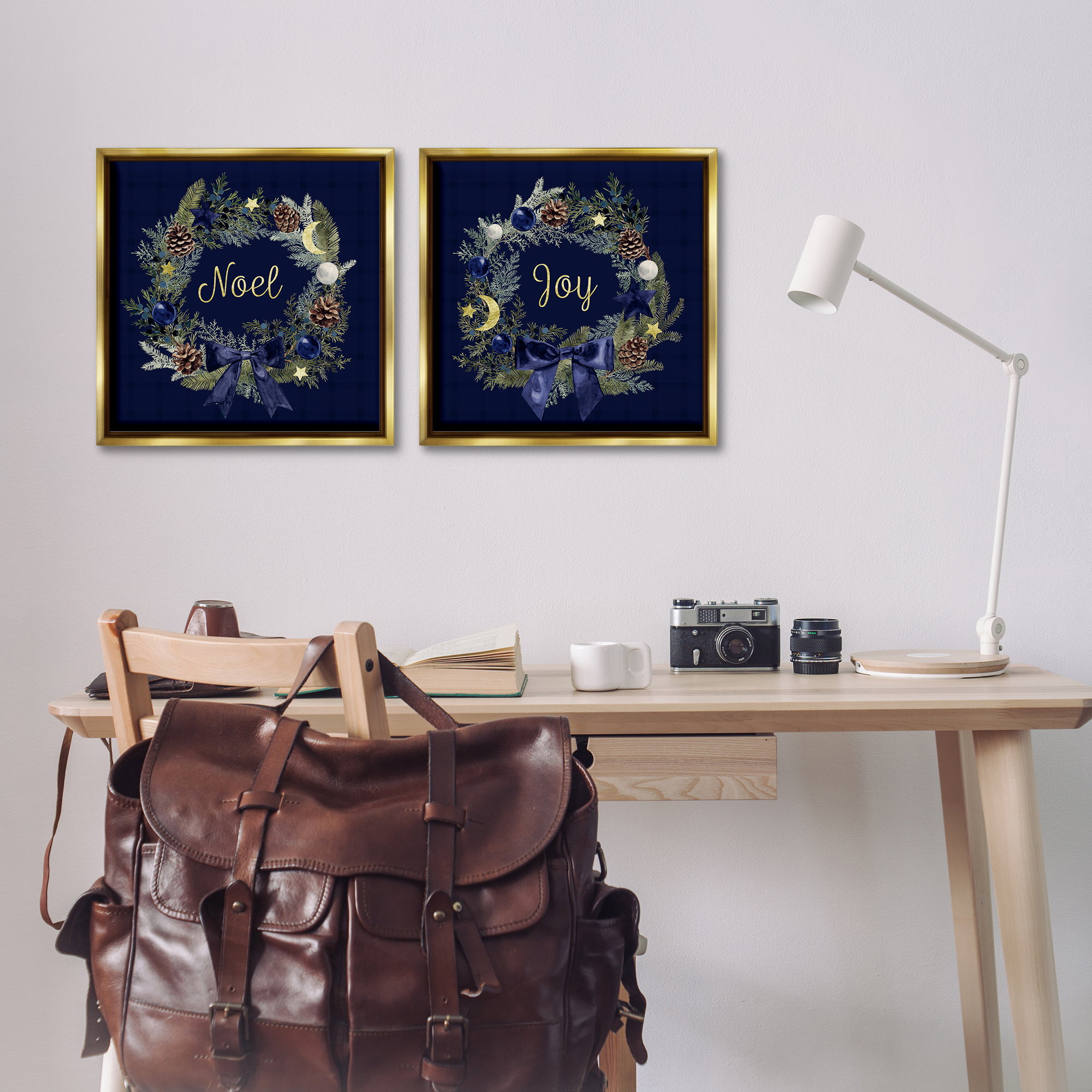 Stupell Industries Noel Joy Balsam Wreath Pinecones Holiday Painting Gold Floater Framed Canvas Art Prints Wall Art, 18 x 18, Set of 2