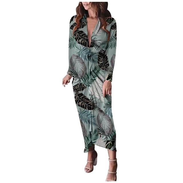 Mujeres Sexy Fold Party Girls Fold V-Cuello Manga larga Impresión formal Otoño Maxi Vestidos casuales Fridja nbo3728