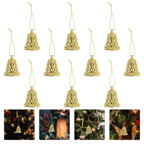 OFFIGAM 12Pcs Plastic Xmas Bell Pendants Golden Color for Christmas Tree and Home Decorations