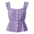 thumbnail image 4 of FDGIU Women's Square Neck Ruffle Strap Sleeveless Peplum Tank Top, Solid Cotton Linen Woven Front Button Elastic Waist Cropped Casual Blouse, 4 of 7