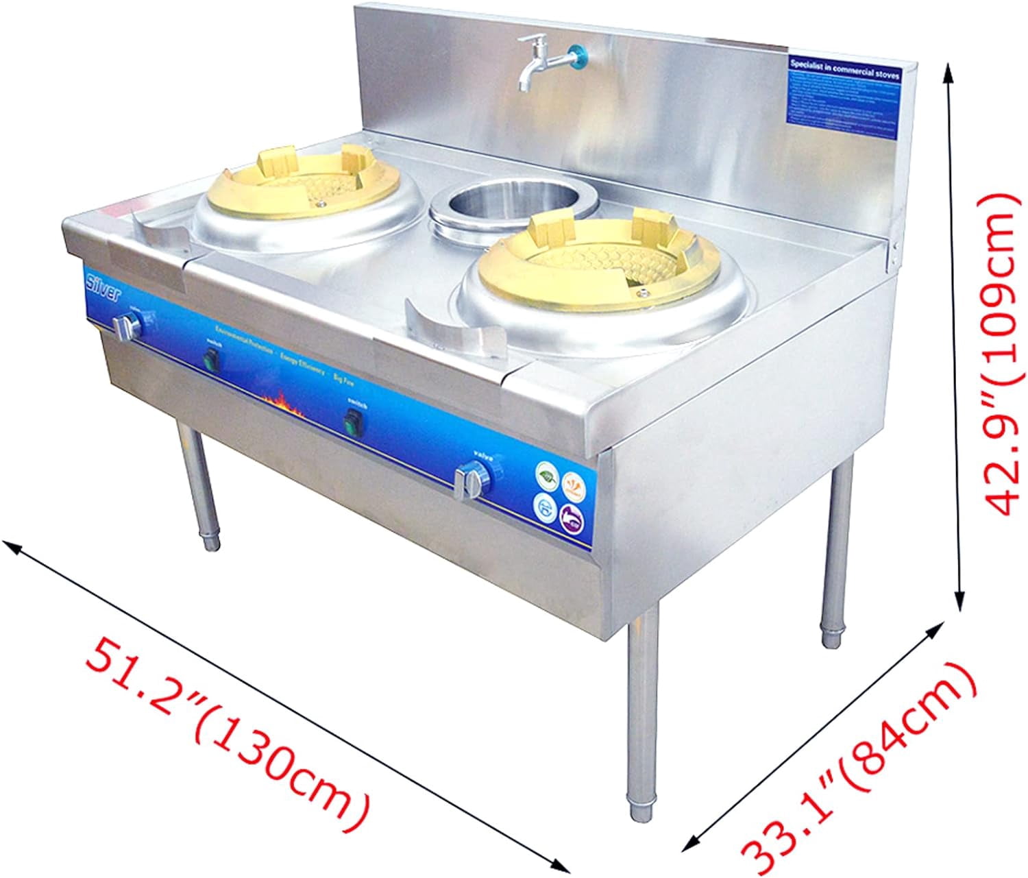 PreAsion Commercial Double-head High Fire Stove With Baffle and Water Basin Wok Range Burner Stainless Steel 12.2" 110V