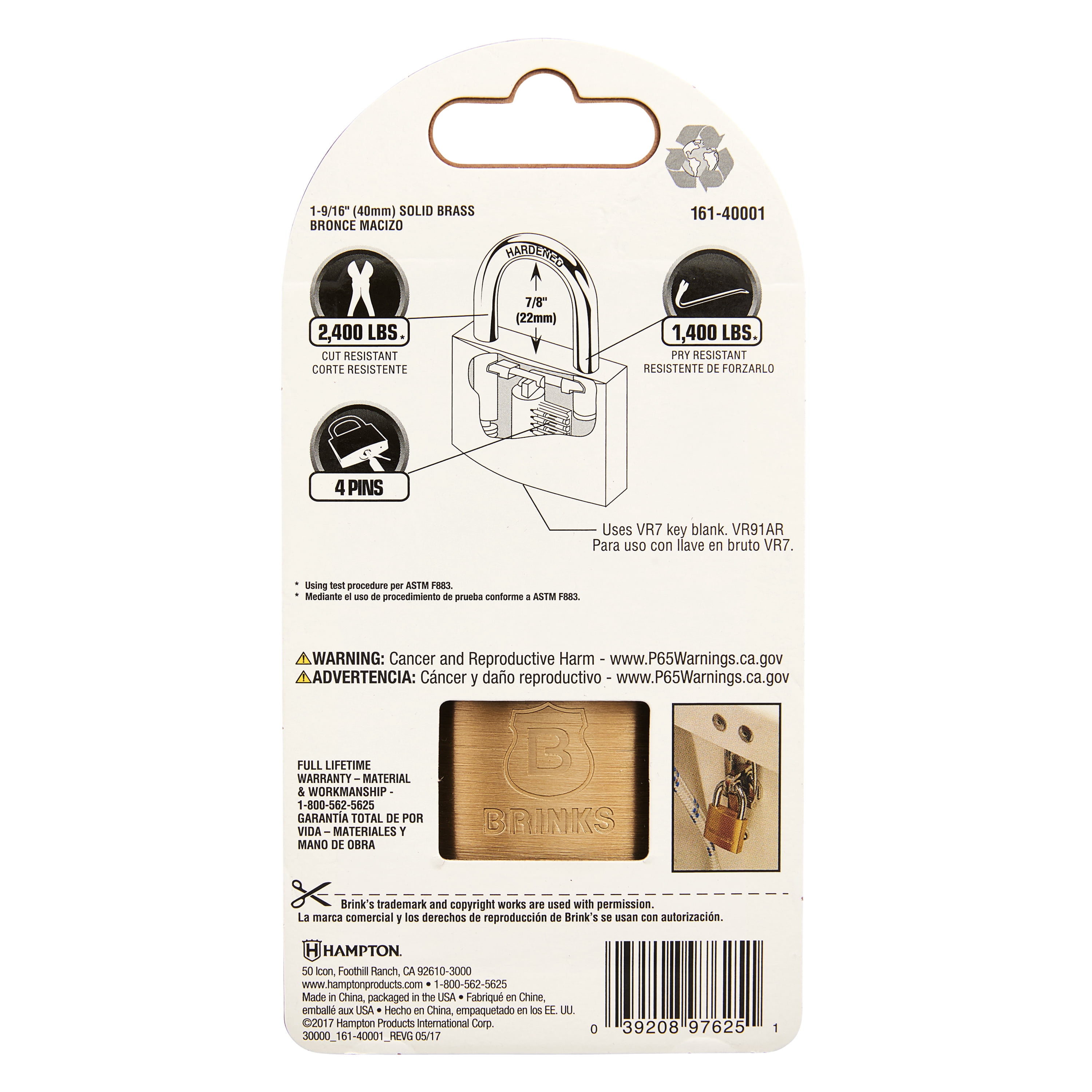 (2 pack) Brinks Solid Brass 40mm Keyed Padlock with 7/8in Shackle