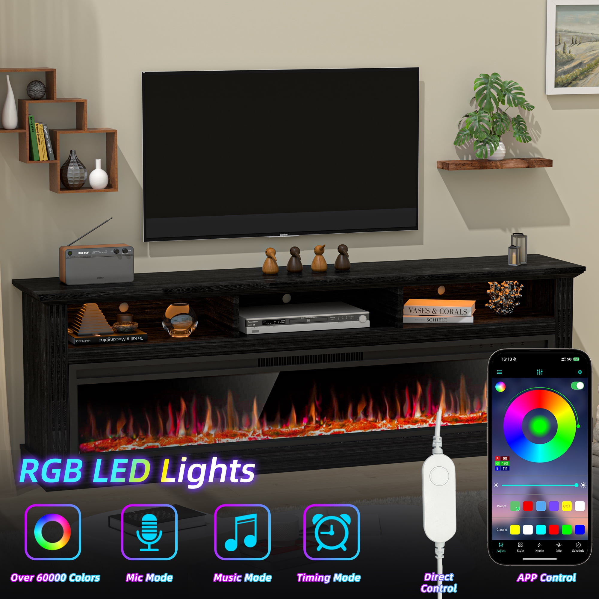 HARIPUL 58" Fireplace TV Stand for TVs Up to 65" with 52" Electric Fireplace,White Entertainment Center with Storage Cabinets,Led Light TV Consoles for Living Room,Black/Log Fireplace