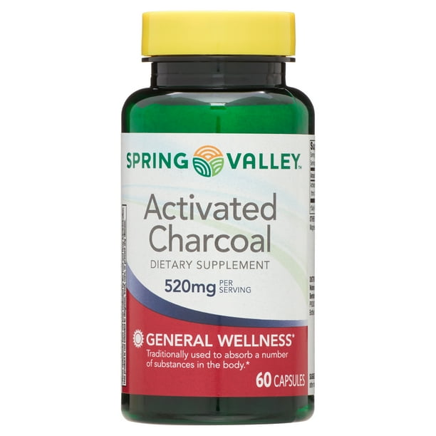 Spring Valley Activated Charcoal Capsules, Dietary Supplement, 520mg, 60 Count