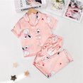 thumbnail image 3 of LYMAYTER Kids Girls Silk Pajama Set Printed Stain Short Sleeve Sleepwear Tops 2PCS Outfit Little Girls V-Neck Jammies Loungewear for 6-13 Years, 3 of 9