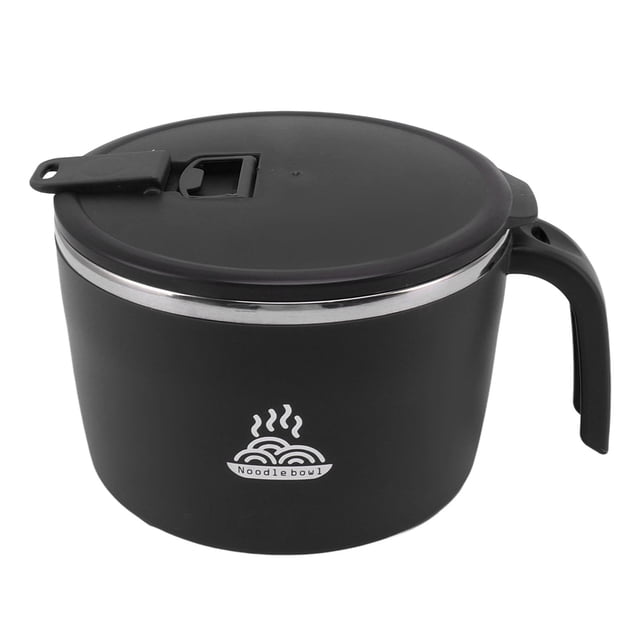 Tazón de fideos instantáneos de acero inoxidable con tapa y drenaje, soporte para teléfono, para dormitorio y oficina, 1300 ml, color negro