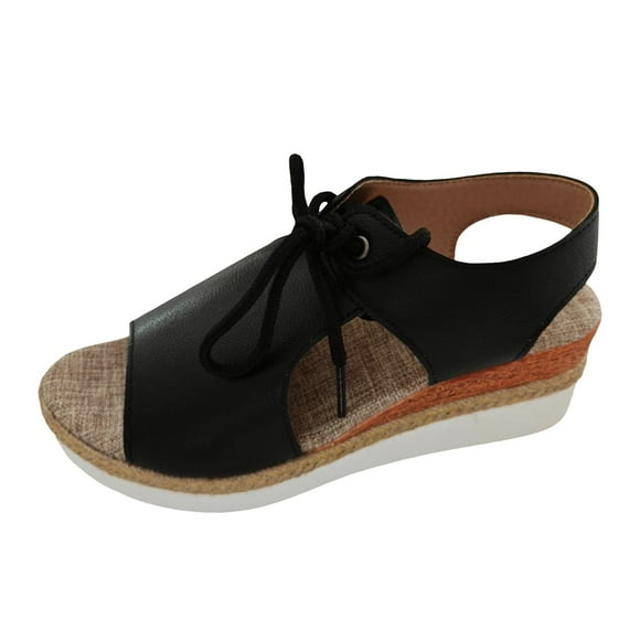 IUJSOY Womens Wedge Espadrilles Lace up Peep Toe Sandals Comfortable PU Leather Beach Shoes
