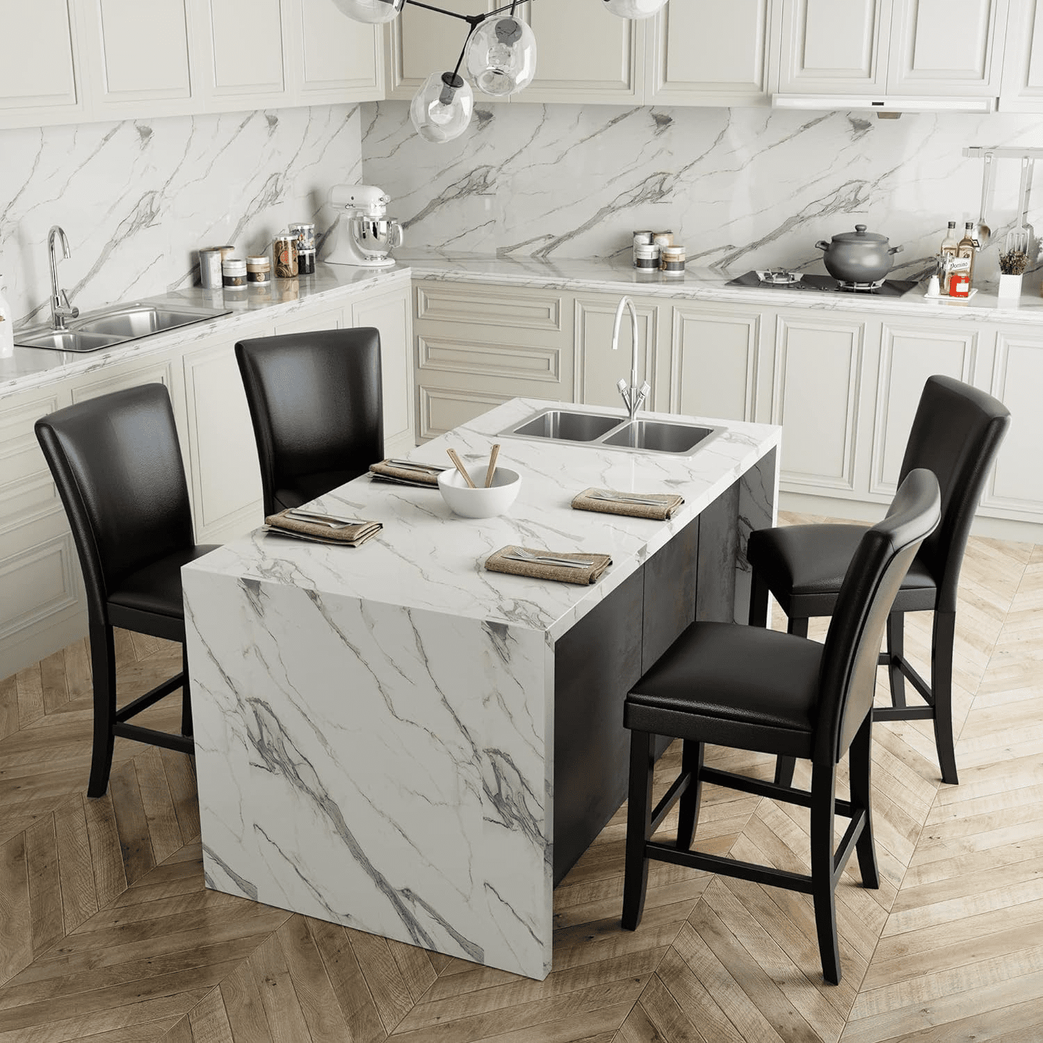 BAXMUY Set of 4 Counter Height Bar Stools, 25.6" Seat, Black, Solid Wood & Faux Leather Bar Chairs for Kitchen Island & Home Bar