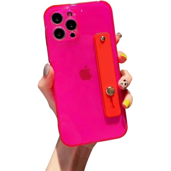 Strap Holder Case for 6.7" inch iPhone 13 Pro MAX with Kickstand, Translucent PC Back Cover Soft TPU Bumper with Adjustable Finger Grip Loop for iPhone 13 Pro Max 6.7 Inch, Neon Magenta