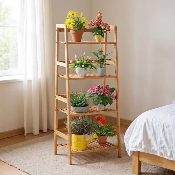 Topcobe 4-Tier Bamboo Plant Rack with Guardrails, Tall Plant Stand Indoor, Stable and Space-Saving, Natural
