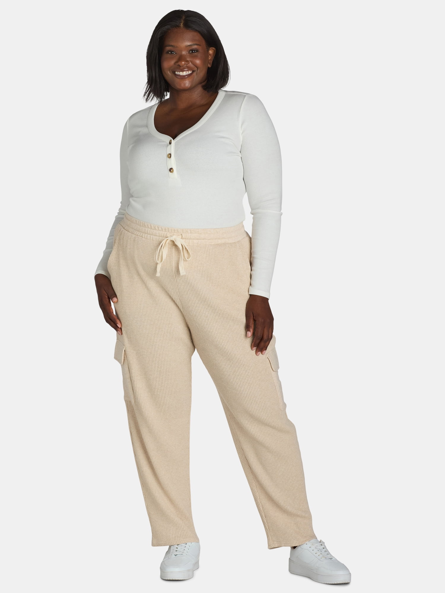 Terra & Sky Women's Plus Size Pull On Waffle Knit Cargo Pants, 27” Inseam, 0X-4X