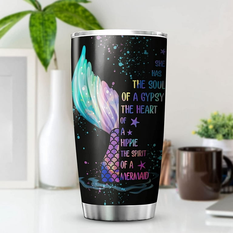 BOTH glass cup tumblr wood lid metal straw ariel black mermaid