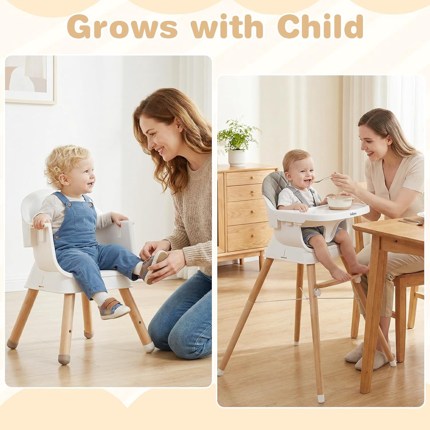 INFANS Baby High Chair, 6 in 1 Wooden Convertible Highchair for Babies and Toddlers, Infant Dining Booster Seat Kids Stool with Adjustable Removable Tray