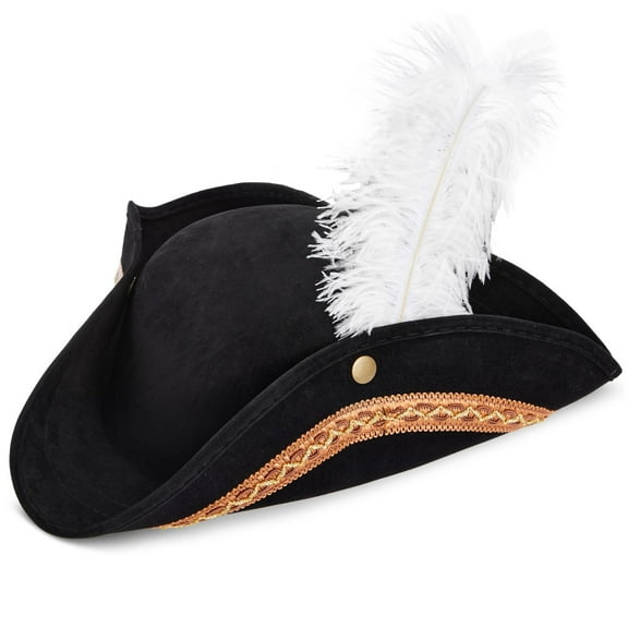Juvale Pirate Hat Tricorn with Feather - 15 x 13 x 3.5 In, Black, Kettle Brim - Pirate Hats for Adults & Revolutionary War Reenactment