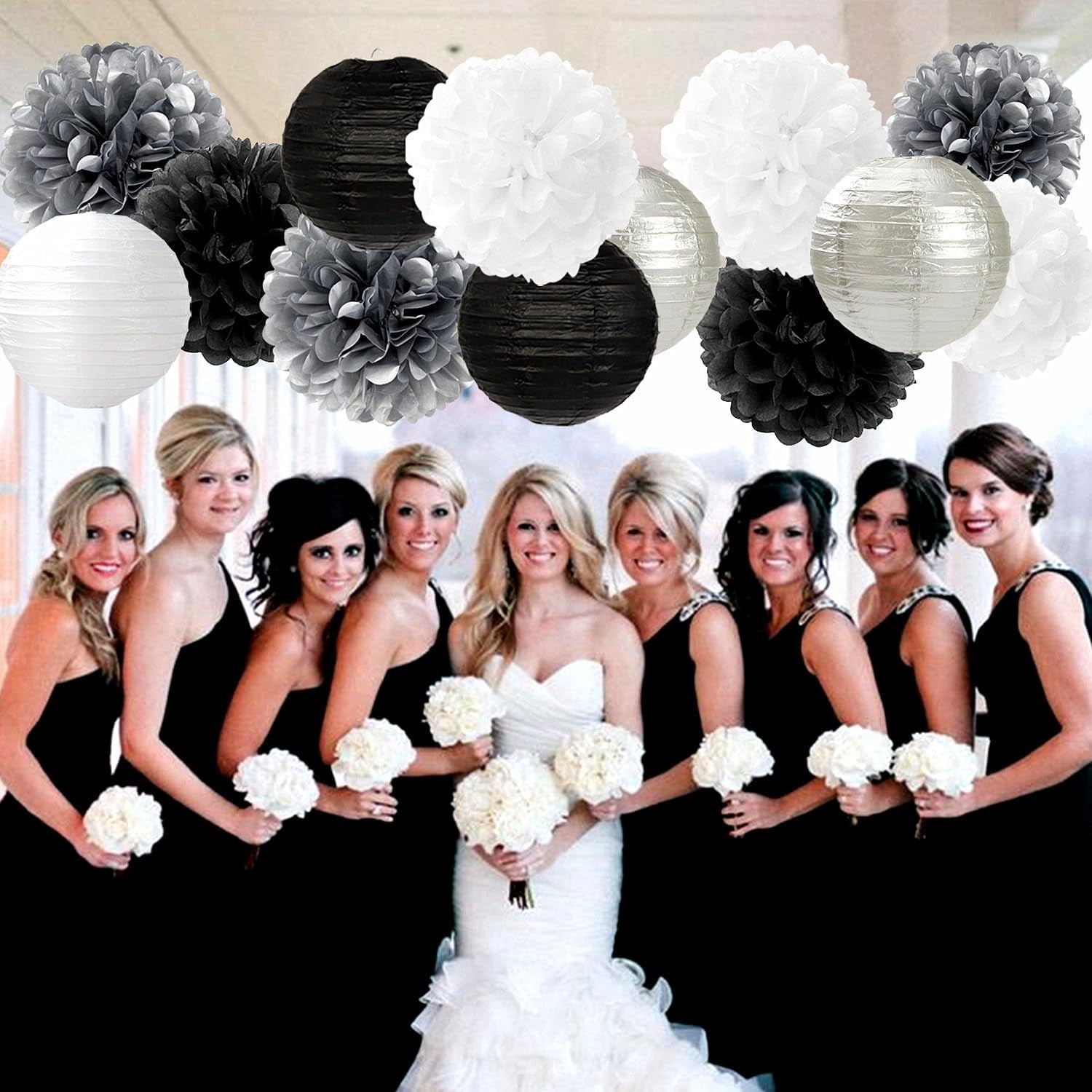 Black White Silver Party Decorations Paper Flowers Lanterns 15PCS Tissue Pom Poms Streamers for Birthday Halloween Wedding Baby Shower Bachelorette Hanging Supplies Decor