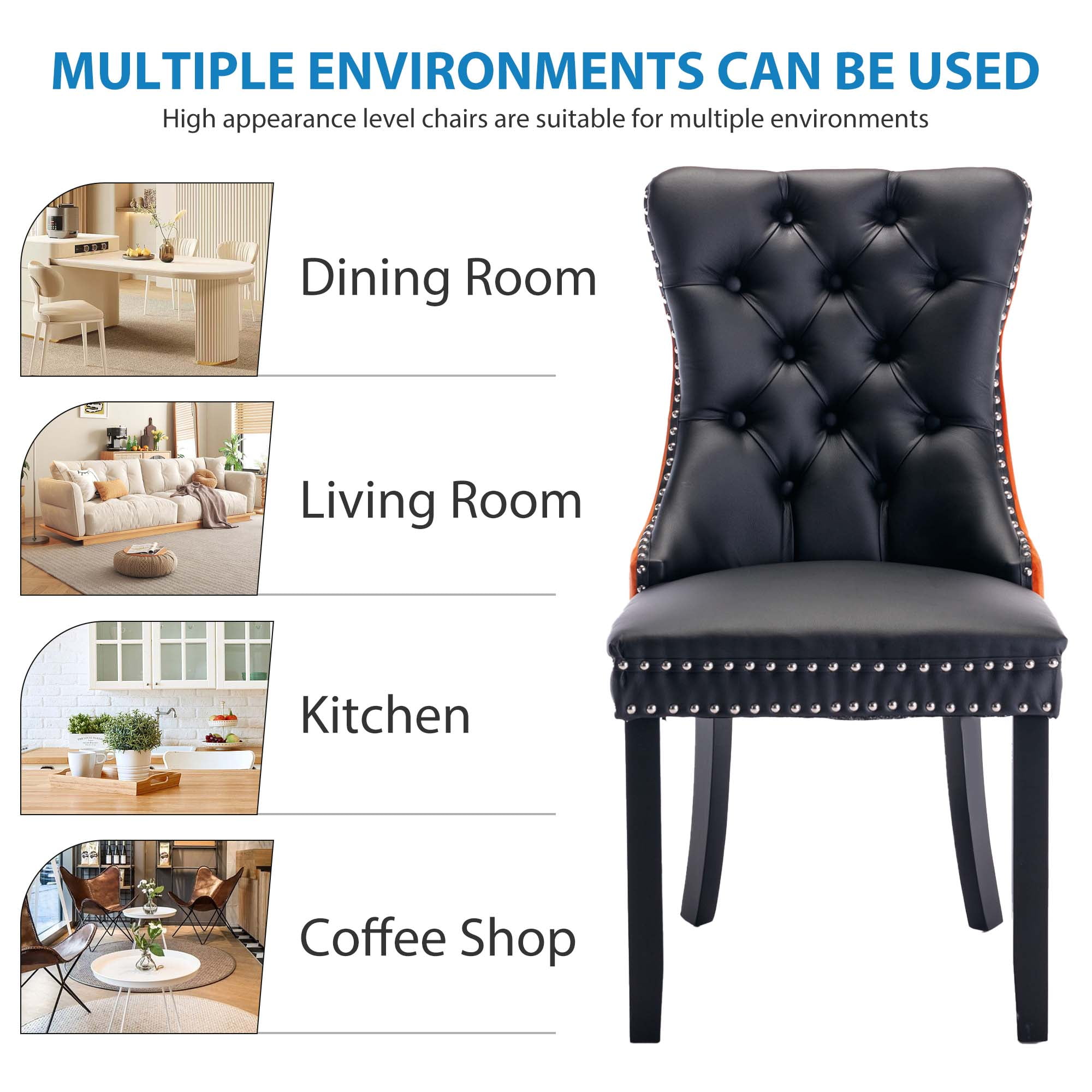 Aukfa High-End Upholstered Dining Chairs Set of 2, Modern Tufted Solid Wood Side Chair with Nailhead Trim - Black/Orange
