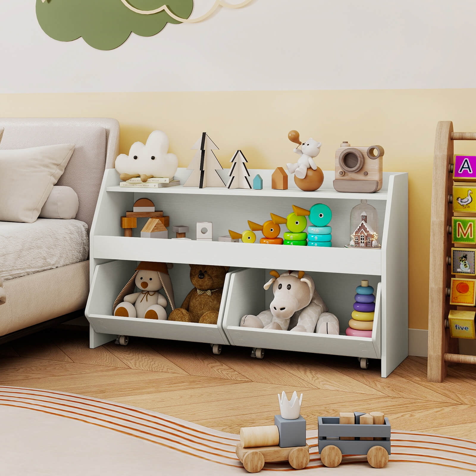 Costway Kids Toy Storage Organizer with 2 Movable Drawers Open Shelf Compartment for Kids White