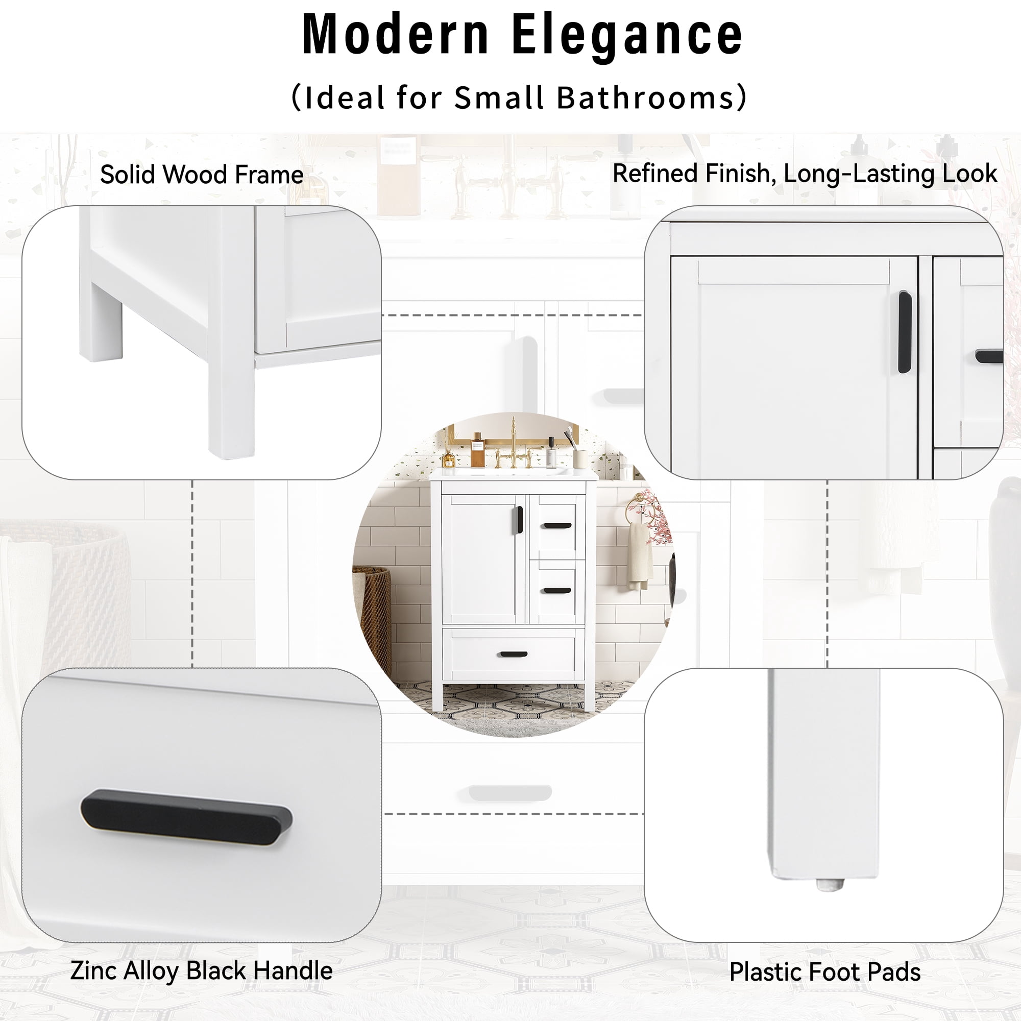 Euroco Modern 24-inch Bathroom Vanity with Ceramic Sink, Soft-Close Door, Double-Layer Door Shelf, and 3 Drawers