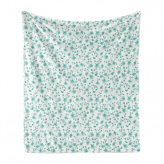 Flower Soft Flannel Fleece Throw Blanket, Pattern with Flower Stems Blooming Springtime Simple Design Art Print, Cozy Plush for Indoor and Outdoor Use, 70" x 90", Pale Blue Teal White, by Ambesonne