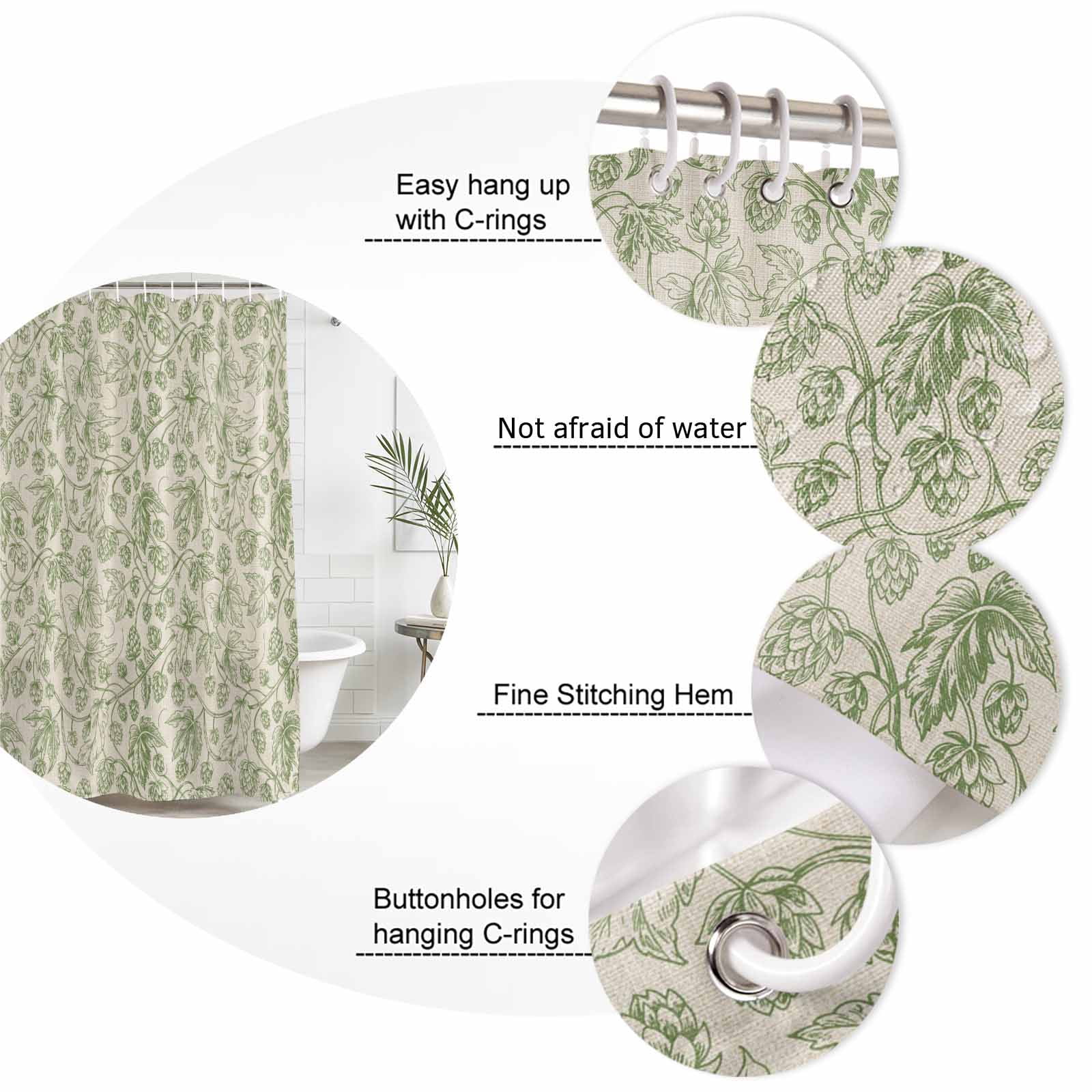 Shower Curtain Bathroom Set Vintage Sage Green Botanical Waterproof Fabric Shower Curtains with Grommets&Hooks, Ombre Leaves Retro Linen Privacy Bath Curtain for Bathtub 72x72in