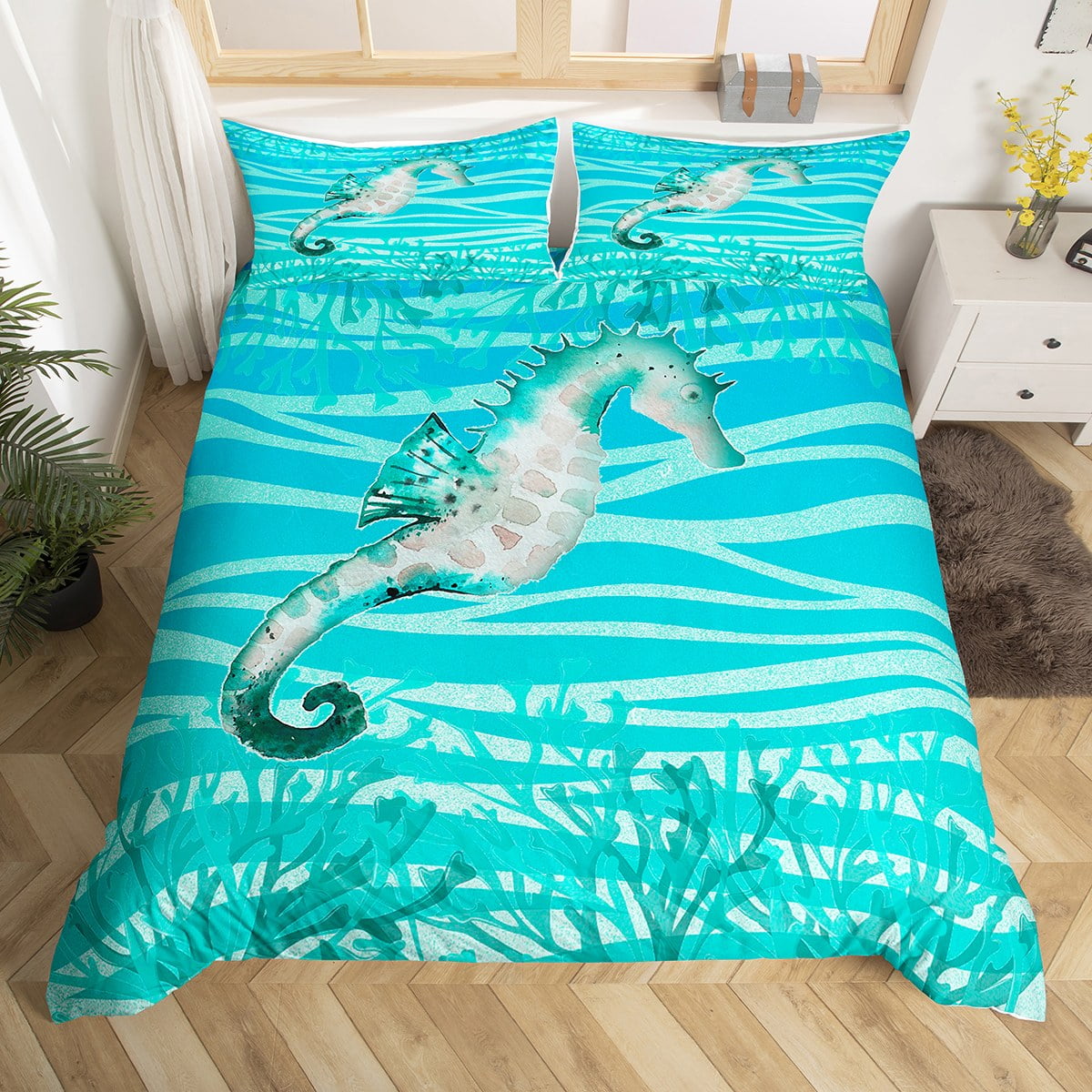YST Ocean Bedding Sets Queen Seahorse Comforter Cover for Kids Toddler
