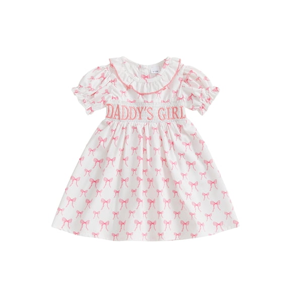 BemeyourBBs Toddler Baby Girl Summer Smocked Dress Kids Baby Girls Mathers Day Fathers Day Outfit Mama's Girl Daddy's Girl Dress Bow Letter Ruffle Trim Round Neck Short Sleeve A-line Princess Dress