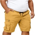 thumbnail image 3 of Long Cargo Shorts for Men Multi-Pocket Drawstring Elastic Waist Athletic Shorts Baggy Casual Work Yellow M, 3 of 8