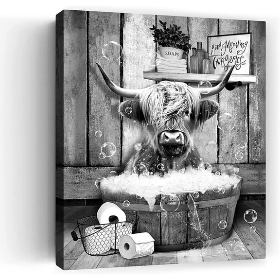 Aaheei Funny Highland Cattle Bathroom Wall Art Print, Vintage Rustic Funny Bathroom Highland Cow Canvas Art For Bathroom Toilet Decor, Farmhouse Wall Decor