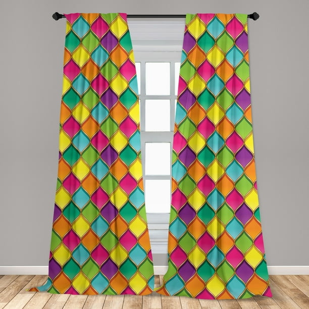 Geometric Curtains 2 Panels Set, Vivid Colored Stained Glass Style