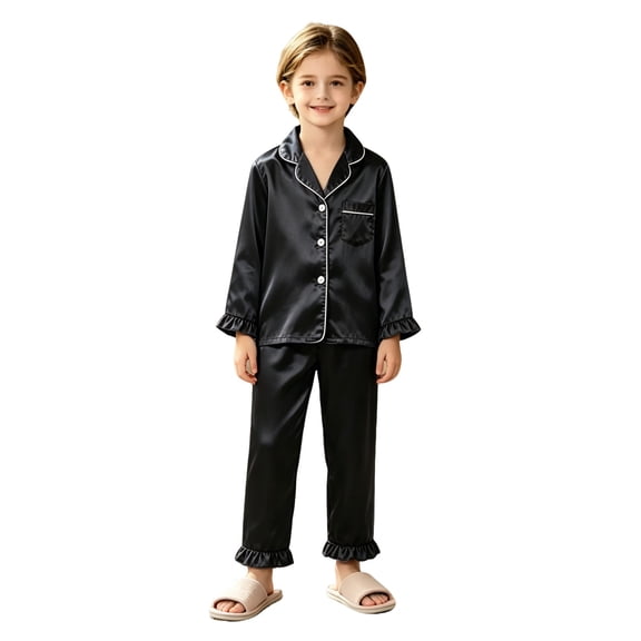 SJLDQY Girls Satin Silk Pajama Sets Button Down Long Sleeve Shirts Pants 2 Piece Ruffles Pj Sets Fall Sleepwear Soft Comfy Loungewear Sets for Girls