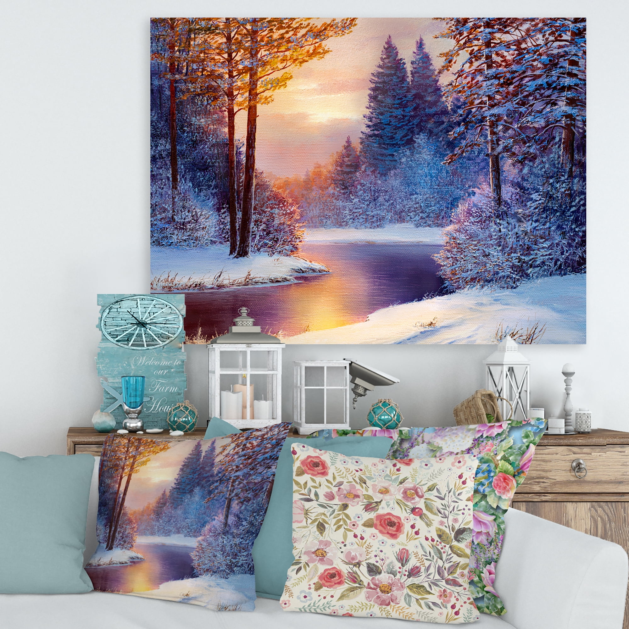 Dark Blue Silhouettes of Trees With Winding River 12 in x 8 in Painting Canvas Art Print, by Designart