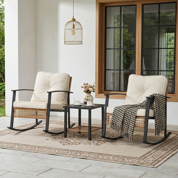 MOALCOFER 3-Piece Rattan Outdoor Rocking Chair Bistro Set with Thick Beige Cushions & 2-Tier Coffee Table, Weather-Resistant Patio Furniture for Porch, Balcony, Backyard & Garden