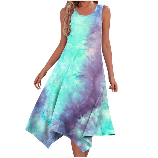 LNGOOR Robe d'Été Décontractée pour Femmes Sans Manches, Ourlet en Pointe, Robe Midi Fluide à Bretelles, Robe de Plage pour les Vacances